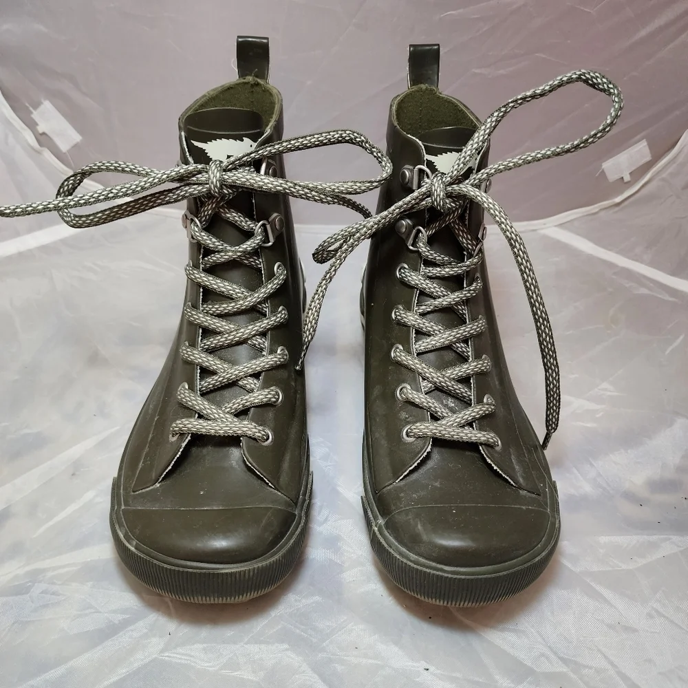 Rocket Dog Olive Green Grey Rubber Lace Up Rain Boots Women's Size 7 All Seasons